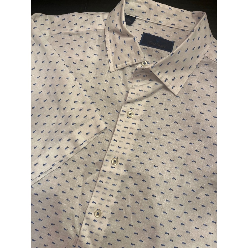 David Donahue Mens XL White Blue Fish Skeleton Print Linen Blend SS Button Shirt